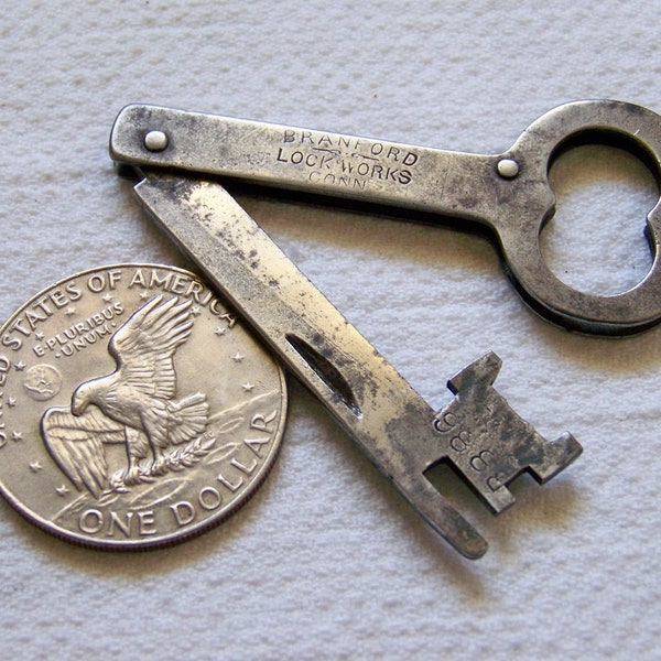 Antique 1800's BRANFORD LOCK WORKS Bit #B886 Unique Pocketknife Style Folding Skeleton Key