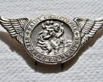 Mid-Century St. Christopher / Ste Anne De Beaupre Silvered Winged Medal Car Auto Traveler's Pin