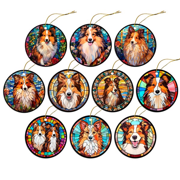 Dog Breed Christmas Ornament Stained Glass Style, "Sheltie"