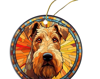 Dog Breed Christmas Ornament Stained Glass Style, "Airedale Terrier"