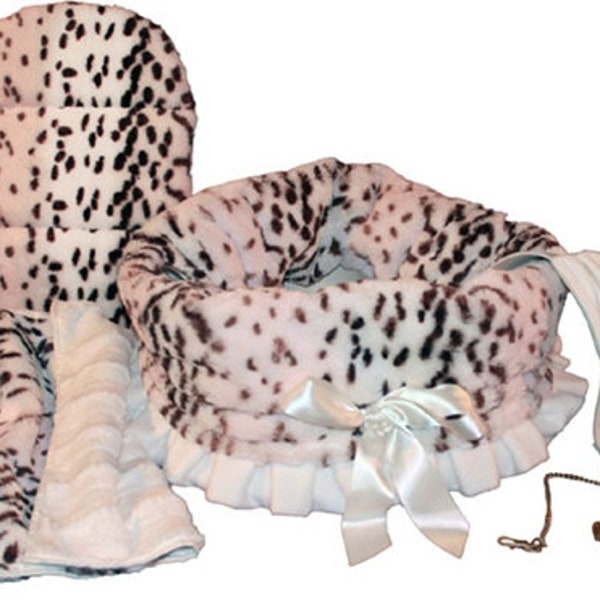 Dog, Puppy & Pet or Cat Reversible Snuggle Bugs Pet Bed, Bag, and Car Seat All-in-One, "Snow Leopard"