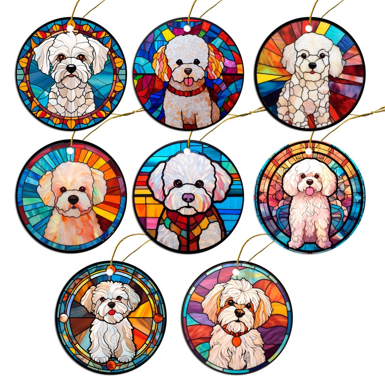 Dog Breed Christmas Ornament Stained Glass Style, "Bichon Frise"