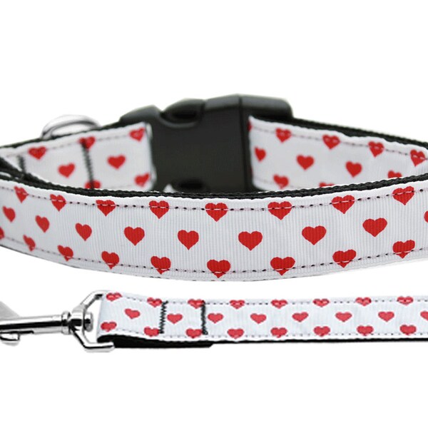 Pet Dog & Cat Nylon Collar or Leash, "White and Red Dotty Hearts"