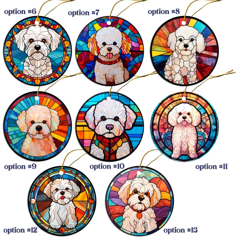 Dog Breed Christmas Ornament Stained Glass Style, Bichon Frise image 2