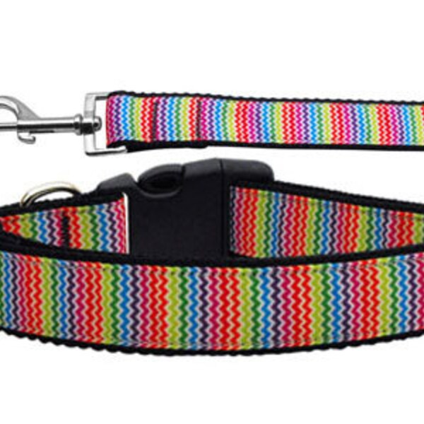 Pet Dog & Cat Nylon Collar or Leash, "Zigzaggy Rainbow"