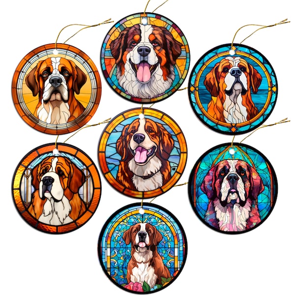Dog Breed Christmas Ornament Stained Glass Style, "St. Bernard"