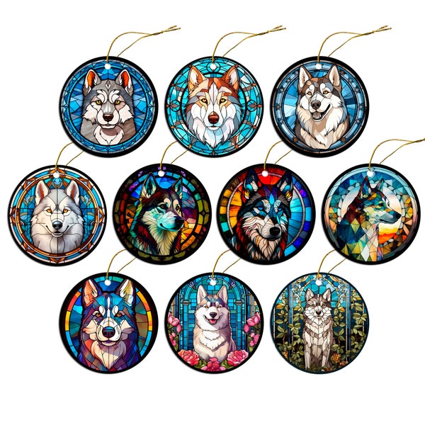 Dog Breed Christmas Ornament Stained Glass Style, "Siberian Husky"