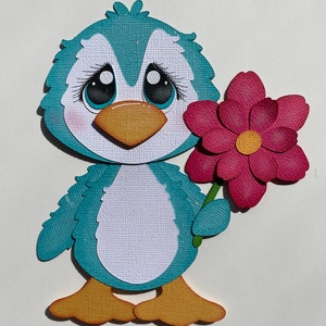 Blue penguin with flower paper piecing die cut scrapbook embellishment piece