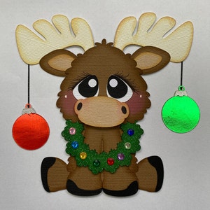 Moose with Christmas ornaments and wreath paper piecing die cut scrapbook embellishment