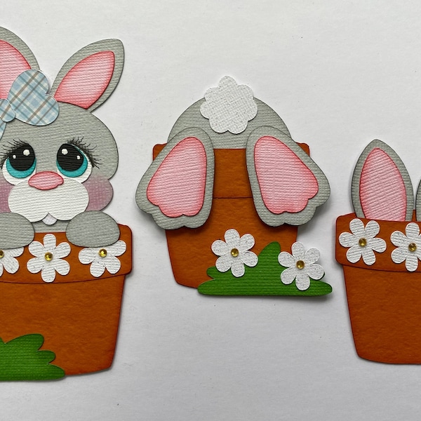 Bunny trio in flower pots paper piecing die cut scrapbook embellishment set