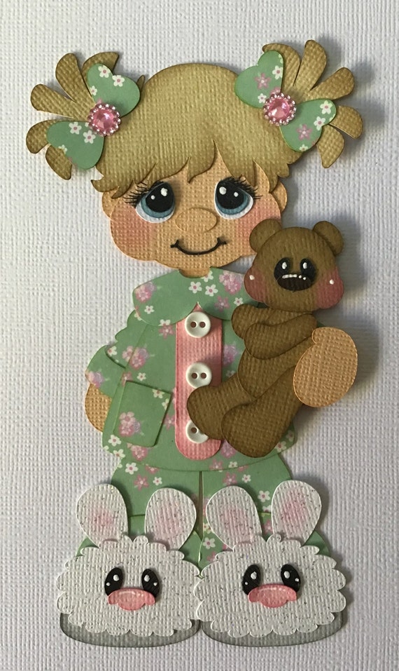 Little girl in Pajamas in bunny slippers paper piecing die cut scrapbook embellishment