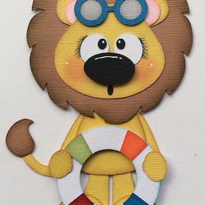May include: A brown lion with a yellow body and a white life preserver with green, red, orange, and blue accents. The lion is wearing blue goggles and has a surprised expression.
