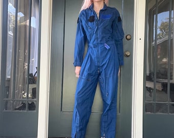 vintage 80s summer flight suit blue streetwear jumpsuit coveralls flyers cwu 73p army size 36 short small