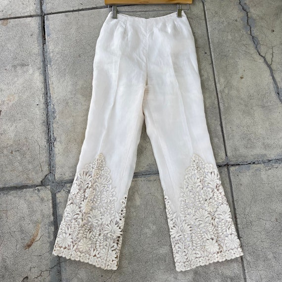 vintage 60s 70s handmade cream embroidered pant s… - image 6