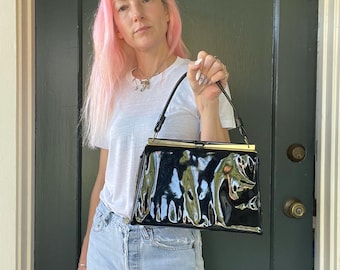 vintage 60s black patent leather structured evening bag handbag metal clasp purse