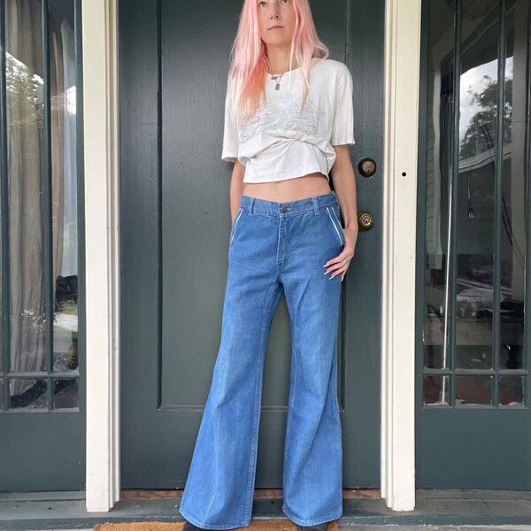 vintage 70s french star midrise high waist medium wash chambray bell bottoms lowrise jeans denim size 29