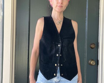 vintage 80s black suede leather western vest snap button size small