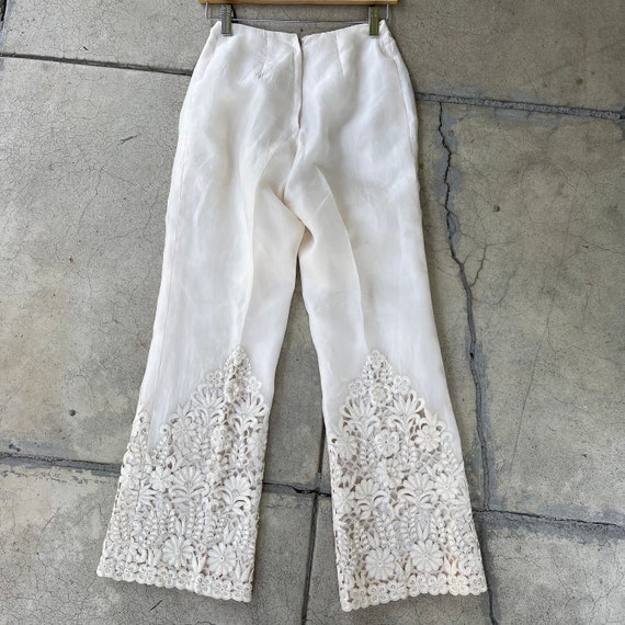 vintage 60s 70s handmade cream embroidered pant s… - image 7