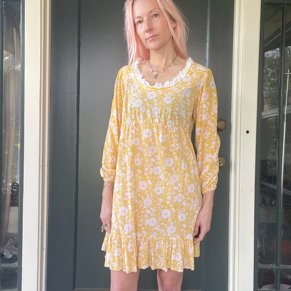 vintage 70s joseph magnin yellow ditsy floral print prairie cottage core empire waist dress 3/4 sleeve size medium