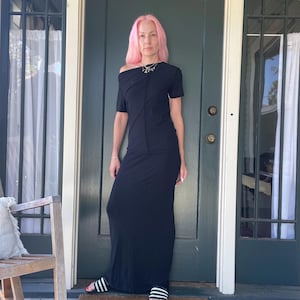 vintage 80s comme des garçons designer black long dress off shoulder stretchy wiggle size small medium
