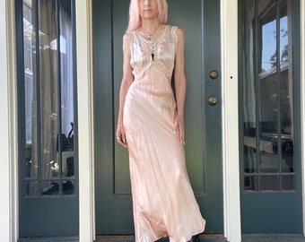 vintage 30s silk satin peach lace sleep gown nightgown slip dress bias cut wedding boudoir antique gorgeous size xsmall small