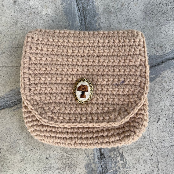vintage 60s tan beige crochet crosstitch bag pouc… - image 4