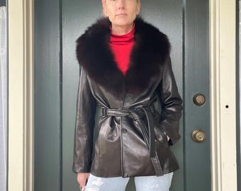 vintage 90s y2k black leather short trench jacket fox fur collar coat size small