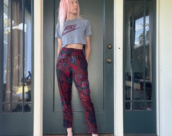 vintage 90s maroon wine floral rayon elastic high waist tapered leg pants with pockets size xsmall small