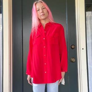 vintage 80s christian dior designer red silk button up blouse shirt size medium