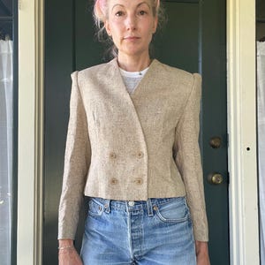 vintage 80s tan khaki linen boucle crop party blazer bolero jacket size xsmall small