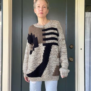 vintage 80s 90s knit black brown tan abstract crewneck pullover sweater size large xlarge