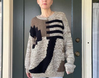 vintage 80s 90s knit black brown tan abstract crewneck pullover sweater size large xlarge