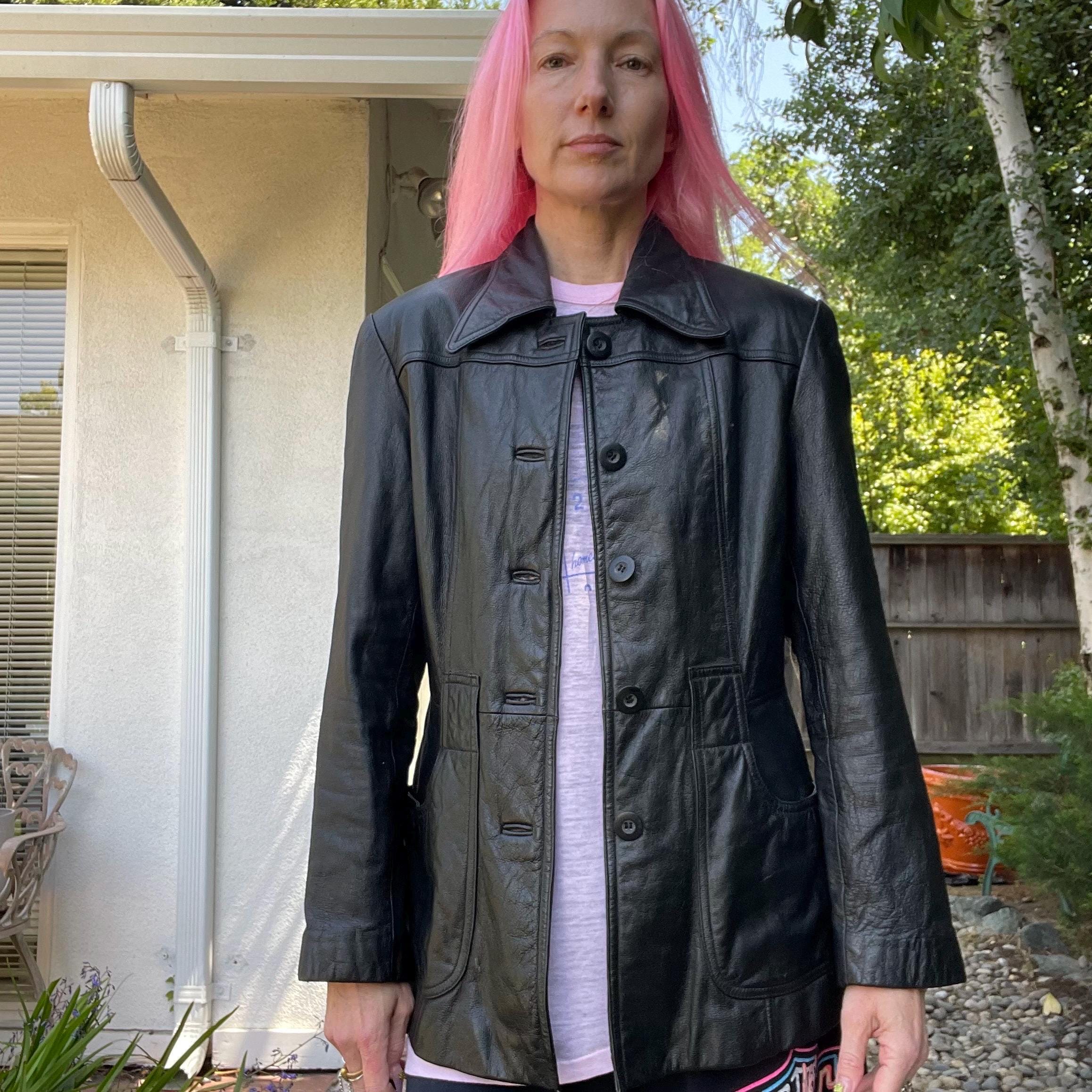 Vintage 90s Black Leather Short Trench Style Jacket Coat Blazer