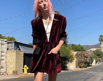 vintage 90s crushed velvet maroon wine blazer sport coat jacket size medium large