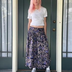vintage 90s rayon purple mauve black floral midi maxi skirt size medium large 29 30