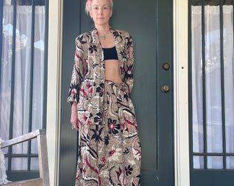 vintage 90s tan floral print skirt blazer set linen high waist medium 29 30