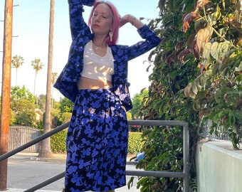 vintage 80s silk set print blue black skirt suit size 26 small 4 6