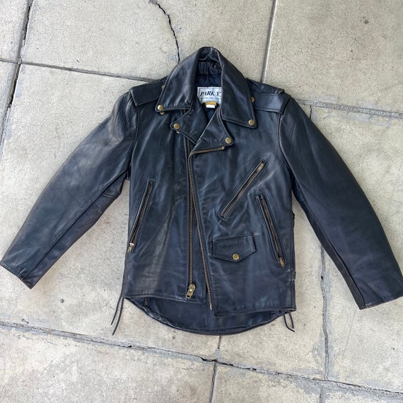 vintage 80s black leather motorcycle jacket brass… - image 5