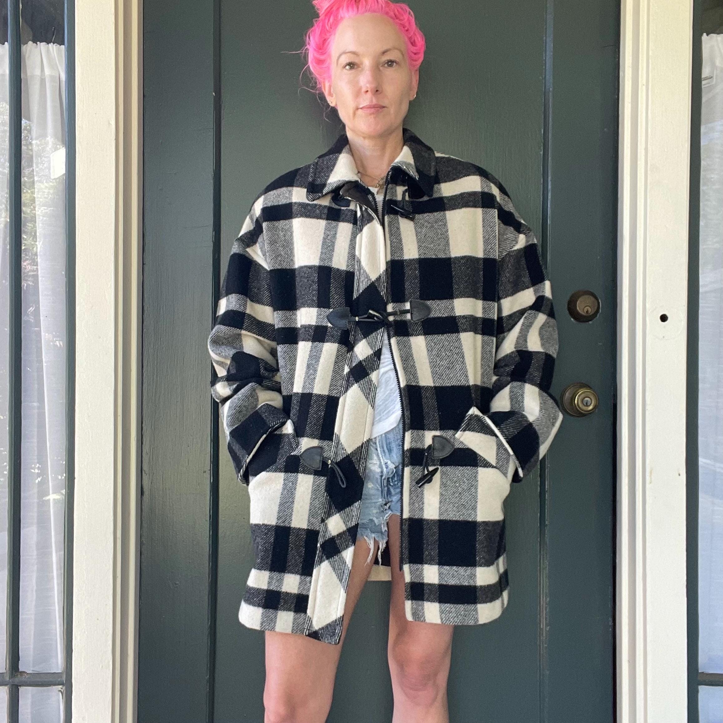Vintage 90s Black White Buffalo Plaid Checked Wool Winter Coat
