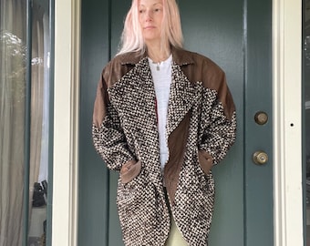 vintage 80s white brown boucle wool leather peacoat coat jacket sleeve small medium