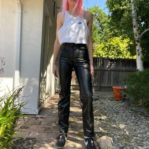 vintage 80s black leather high waist 5 pocket fit soft tapered pants size xsmall 24
