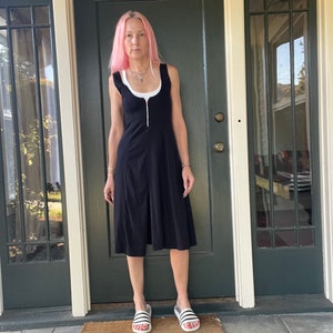 vintage 80s black cotton jersey zippered deep uneck tank top knee length dress with slit size xsmall to small
