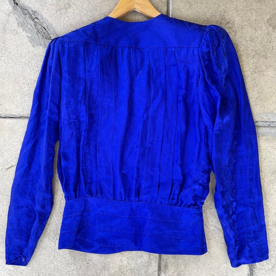 vintage 80s cobalt blue silk blouse banded waist … - image 3
