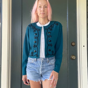 vintage 90s teal jewel tone wool beaded crop party blazer bolero jacket size small medium