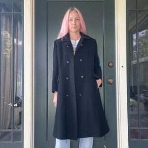 vintage 60s black wool long maxi heavy winter trench overcoat size small medium