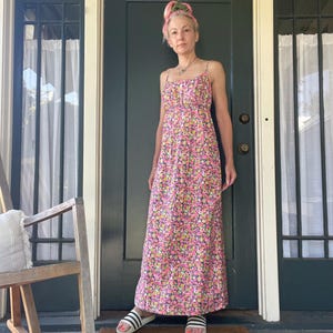 vintage 60s hawaiian ditsy neon print floral day summer dress maxi empire waist size small