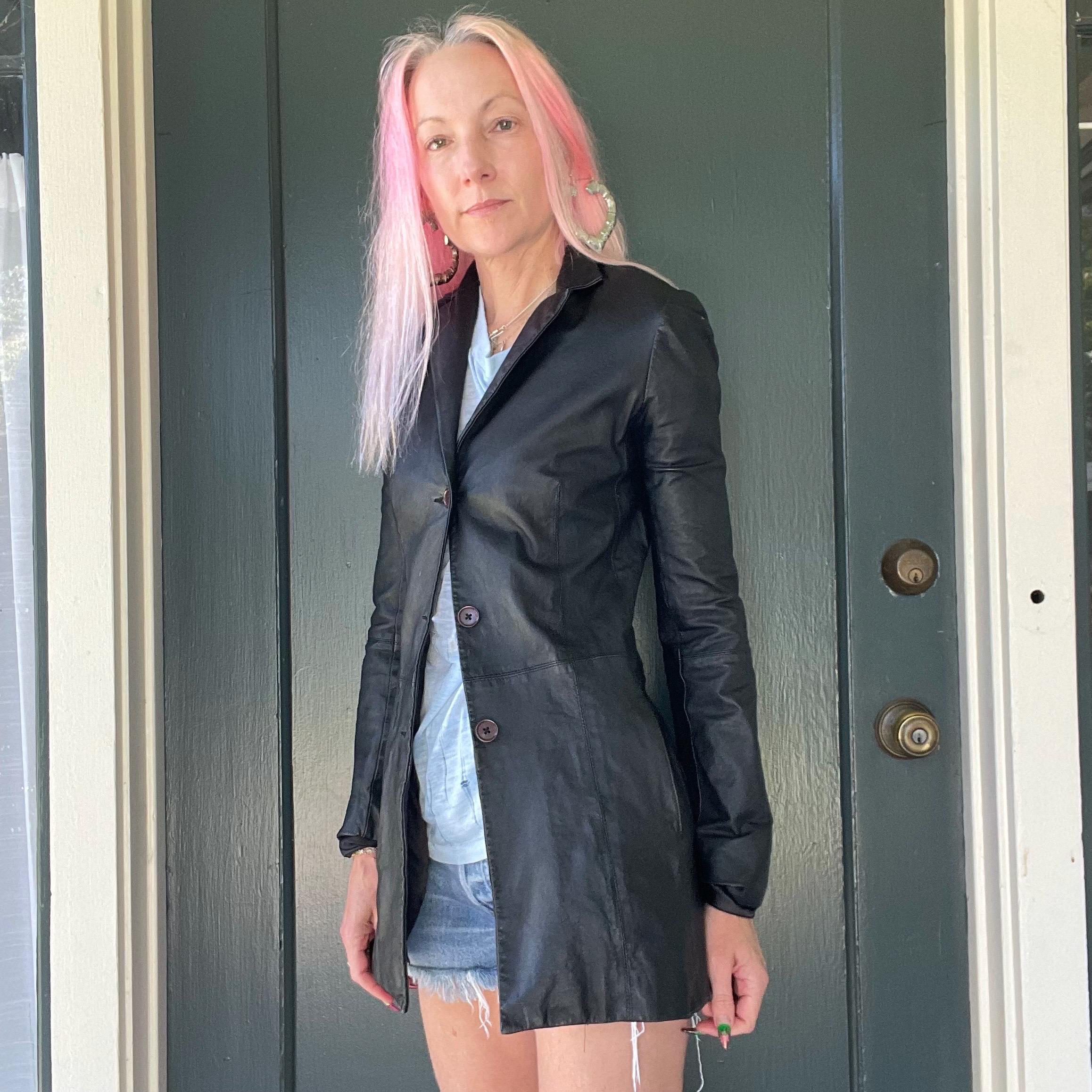 Vintage 90s Y2k Black Leather Short Trench Style Jacket Coat