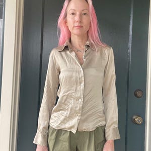 vintage 90s silk gold platinum shirt top blouse size xsmall small