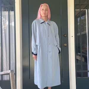 vintage 70s light blue navy fall winter trench coat raincoat jacket size medium