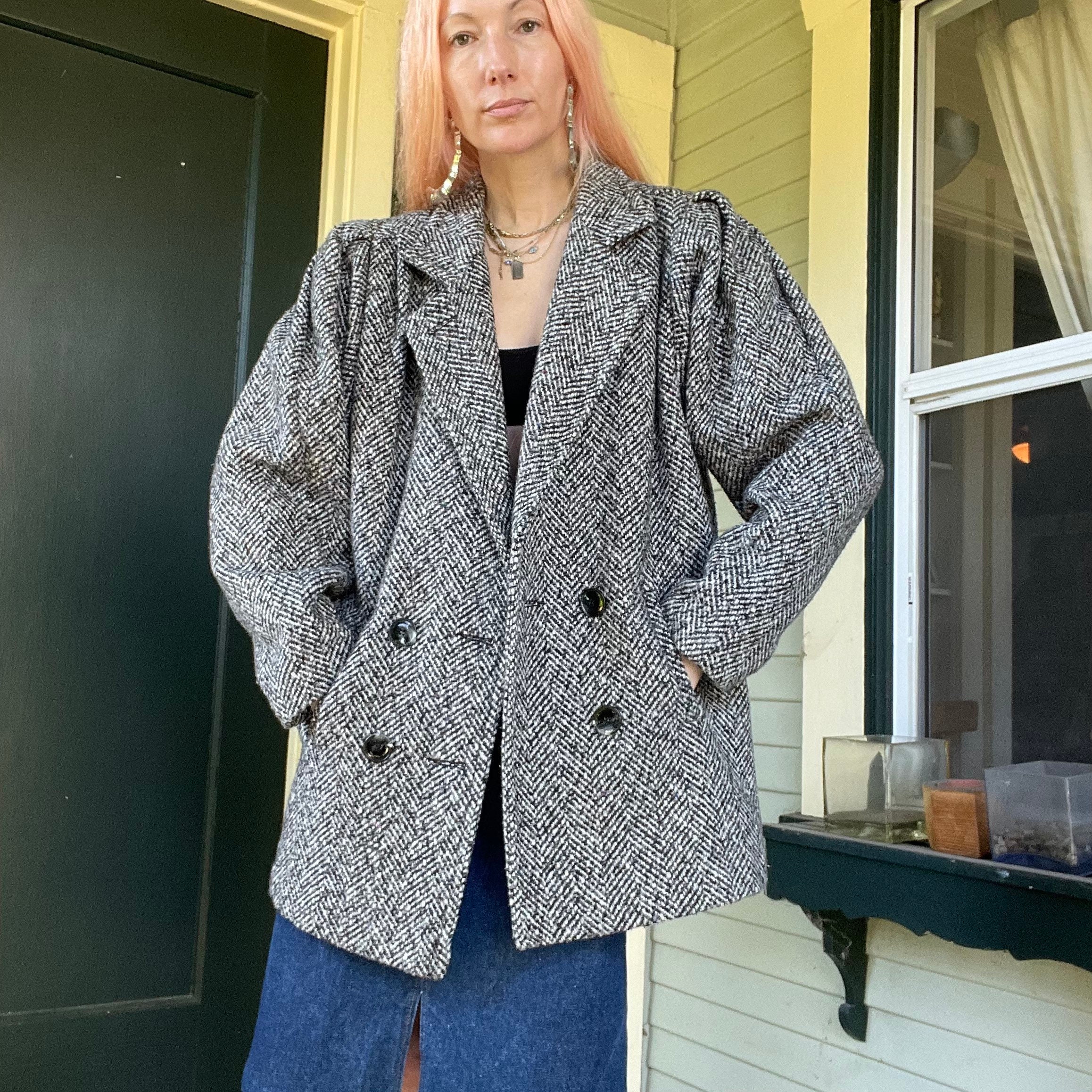 Vintage 80s Black White Boucle Lined Wool Shirt Peacoat Coat